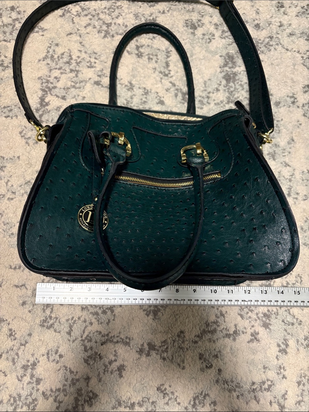 London Fog Dark Green Ostrich-Embossed Simulated Leather Satchel Handbag - Picture 10 of 12